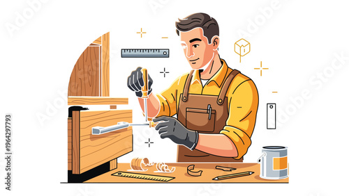 Craftsman in His Workshop: A skilled craftsman meticulously works on a wooden piece in his workshop.