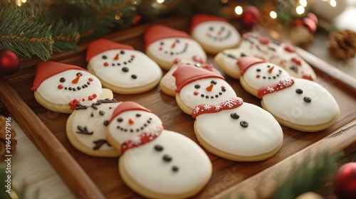 Charming Snowman Christmas Cookies Adorned with Festive Icing on a Wooden Tray