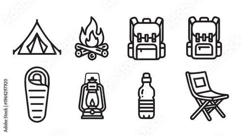 Camping Gear Icons Set: Tent Fire Backpacks Sleeping Bag Lantern Water Bottle Chair