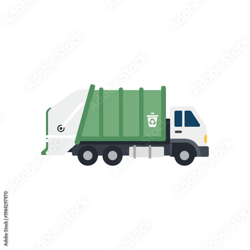 Green garbage truck with white cab on a plain background
