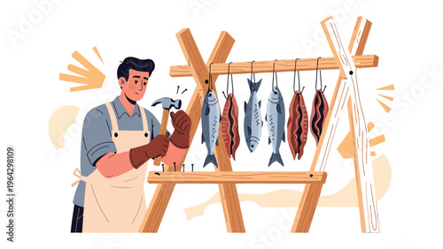 Artisan and Fresh Catch: An artisan meticulously constructs a wooden drying rack, while freshly caught fish are prepared for preservation.