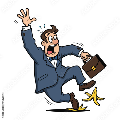 Businessman slipping on banana peel in office setting