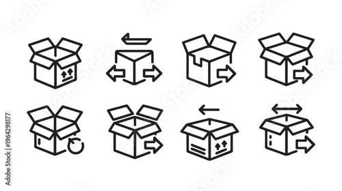 Cardboard Box Icons: Shipping Delivery Storage and Packaging Concepts Line Art