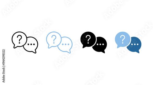 FAQ icon set. Paired speech bubbles with question mark and ellipsis sign. Support and help center sign for messaging and inquiry UI. Answer symbol. Talk pictogram. Communication illustration.