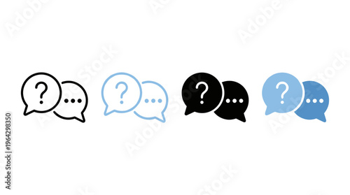 FAQ icon set. Paired speech bubbles with question mark and ellipsis sign. Support and help center sign for messaging and inquiry UI. Answer symbol. Talk pictogram. Communication illustration.