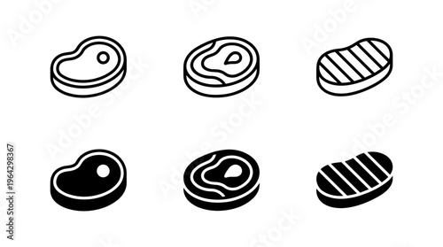 Meat icon set. Beef vector illustration. Steak symbol. BBQ sign. Raw meat pictogram. Grilled steak icon.