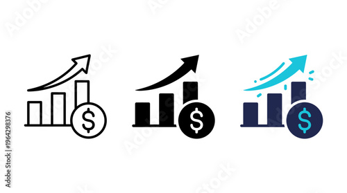 Financial growth icon with rising bar chart, upward arrow and dollar coin. Concept of profit increase, revenue growth, income, investment success and financial performance.