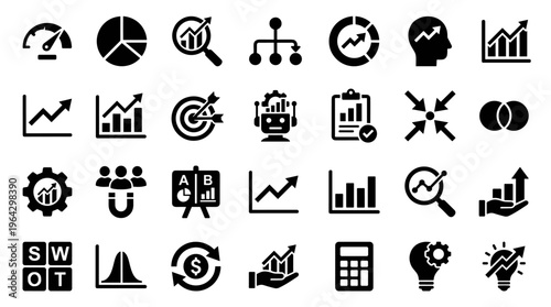 Analytics icon set with 25 solid icons. Data analysis, metrics, KPI, ROI, segmentation, A/B testing, charts, reports and performance black icons for marketing analytics, dashboards, web and app design