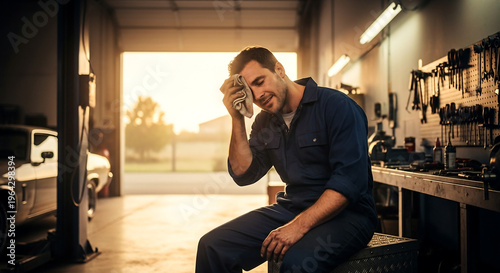 A tired mechanic wiping sweat from his forehead in a hot garage after a long day's work.