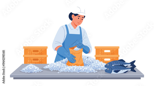 Seafood Processing: A dedicated worker meticulously packages fresh fish with ice at a seafood processing facility. The scene highlights the dedication and care taken in ensuring food safety.