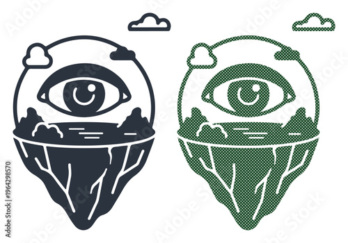 Floating Islands, All Seeing Eyes, Vector Icons, Green and Black
