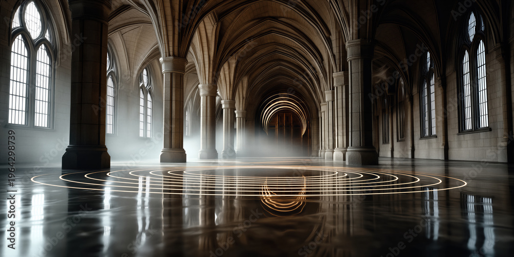 Naklejka premium Ethereal stone corridor featuring soft beams of light and mystical golden circular patterns