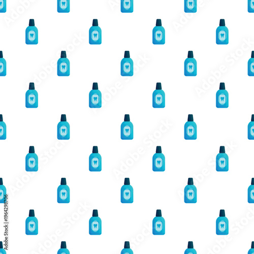 Blue mouthwash bottles and tooth icons creating a repeating dental care background