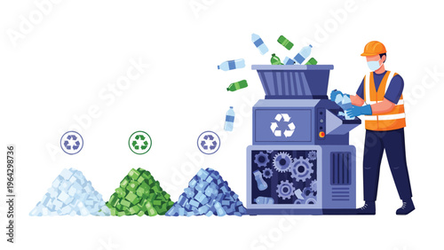Recycling Process: A worker diligently feeds plastic bottles into a recycling machine, illustrating the crucial steps of waste management.