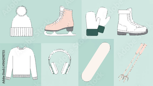 Winter Sports Equipment Assortment: A curated collection of winter sports equipment, including a winter hat, ice skate, mittens, winter boots, sweater, headphone, snowboard, and ski pole.
