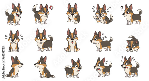 Cartoon corgi dog showing various emotions and expressions on white background  