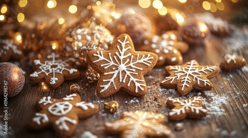 Delicate Gingerbread Snowflake Cookies With Warm Festive Lighting And Rustic Charm