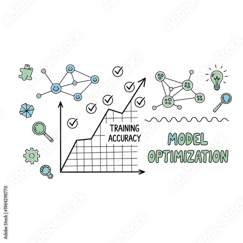 Training accuracy graph showing improvement in model optimization, surrounded by network diagrams, magnifying glasses, and light bulbs.