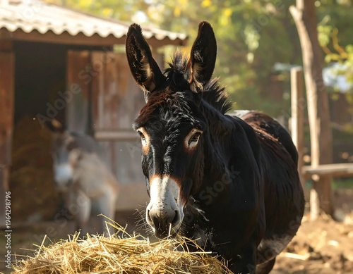 Donkey eating hay in a farmyard with a barn in the background.