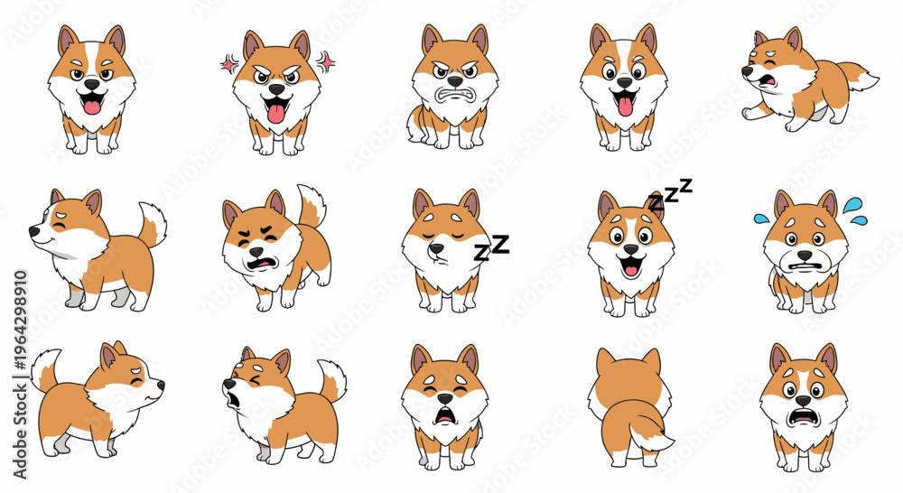 Obraz premium Cute cartoon shiba inu dog showing various emotions and actions 
