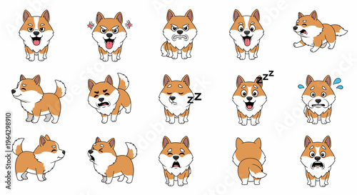Cute cartoon shiba inu dog showing various emotions and actions  