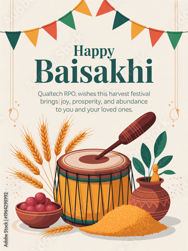 Happy Baisakhi festival greeting card with dhol drumstick, earthen pot, red berry bowl, yellow grain bowl, wheat stalks, and bunting — rich Punjabi harvest celebration poster with blessing