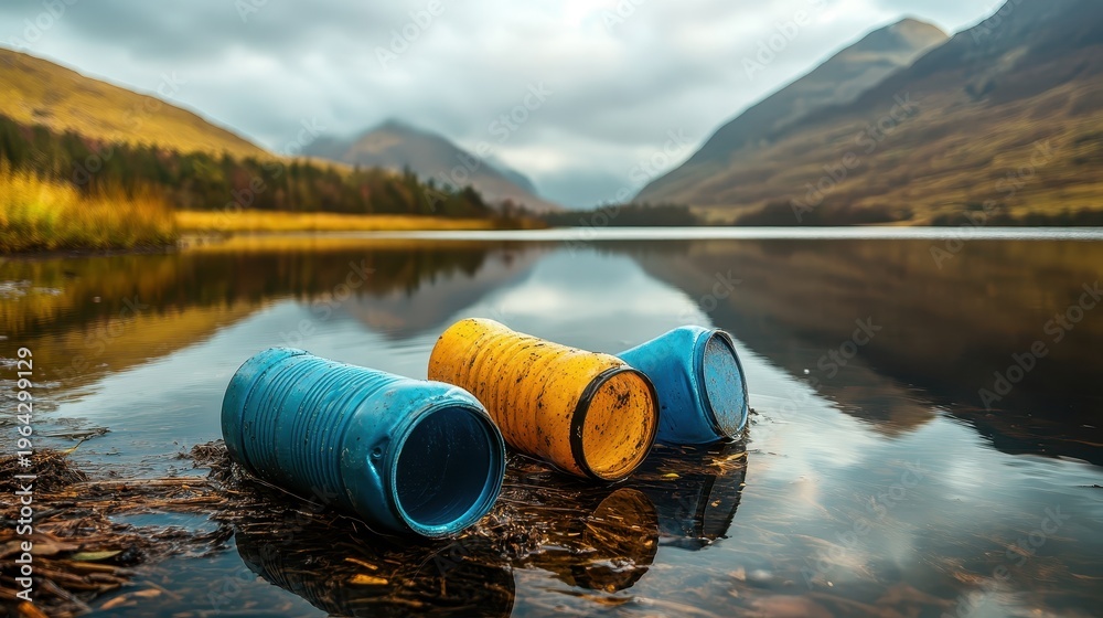 Obraz premium Discarded plastic containers floating on a polluted lake's surface with misty mountains in the background