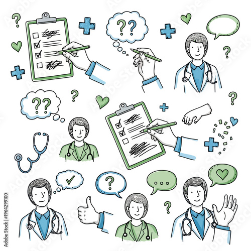 Medical consultation and healthcare concept with doctors, stethoscopes, checklists, and question marks representing patient care.
