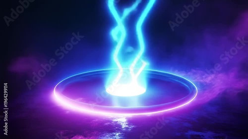 Two intertwining glowing blue energy streams forming a portal above a circular neon-lit platform on a dark abstract background, concept of futuristic teleportation