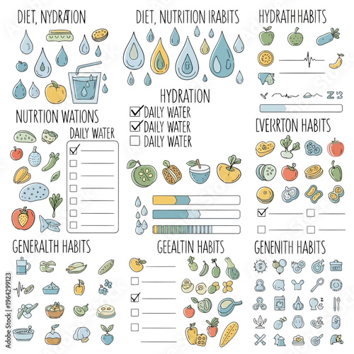 Health and nutrition habits planner elements with hydration trackers, daily nutrition logs, and general health habit checklists.