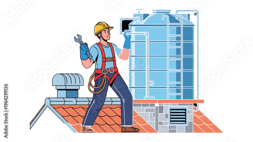 Tank Technician: A skilled technician, equipped with tools and safety gear, meticulously inspects and maintains a large water tank.