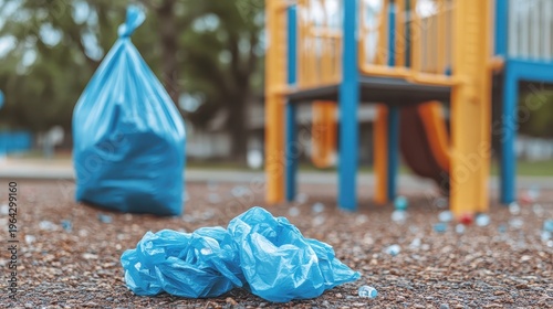 Discarded Plastic Bags and Bottles Litter a Brightly Colored Playground After an Event