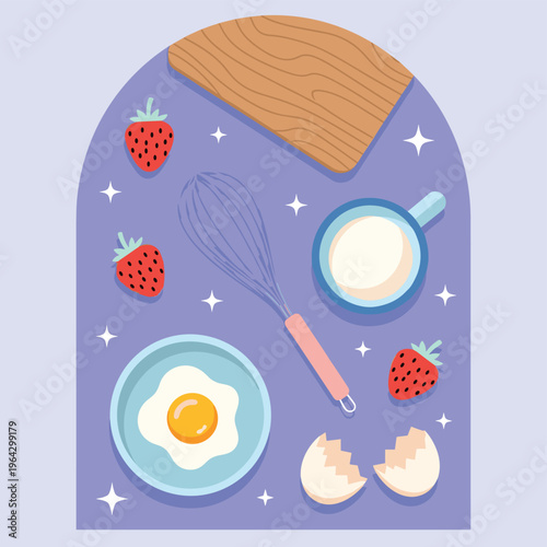 Whimsical Baking Scene: Egg, Strawberries, Whisk, Milk, Cutting Board, Eggshells