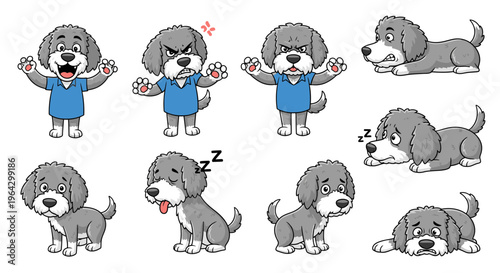 Cartoon Spanish Water Dog expressing various emotions and actions  