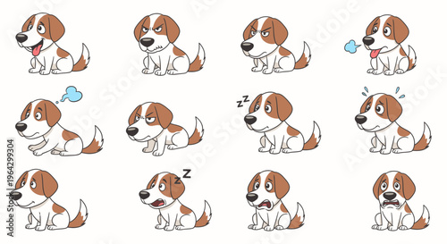 Cartoon illustration of a playful dog showing various emotions  