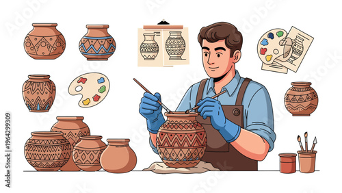 Potter Crafting Pottery: An artisan meticulously paints intricate designs onto a pottery piece, showcasing skill and artistic flair. 
