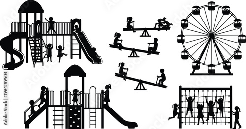 Black silhouette vector illustration set of children playing on playground equipment including slides, swings, seesaws, climbing frames and ferris wheel