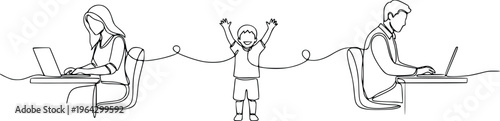 Work From Home Parents and Child Continuous Line Drawing Vector