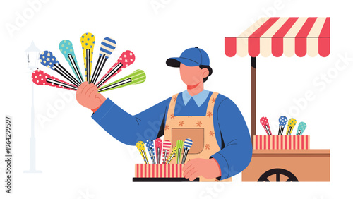 A Candy Vendor's Delight: A cheerful candy vendor proudly displays a colorful array of candies, inviting customers to indulge in the sweetness