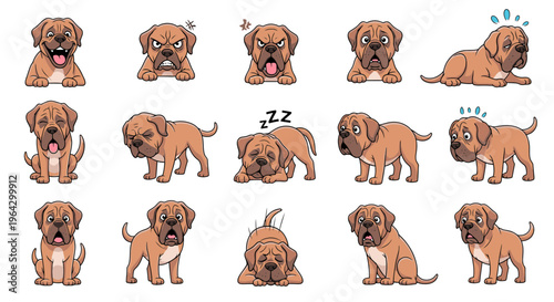 Neapolitan Mastiff dog expressing various emotions in cartoon style  