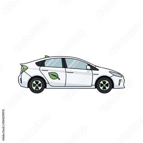 Electric car with green leaf design on white background