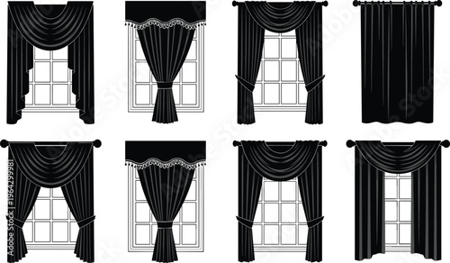 Collection of black curtain icons with window valances swags and drapery styles for interior home decor design isolated on white