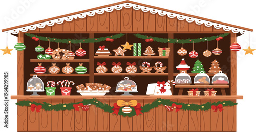 Christmas Market Wooden Stall with Festive Sweets, Gingerbread, Cookies, Ornaments and Holiday Decorations for Winter Fair Design and Seasonal Illustration