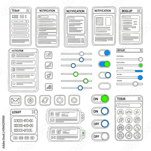 Set of hand drawn interface elements including mobile app screens, sliders, buttons, and icons, featuring various UI components and interactions.