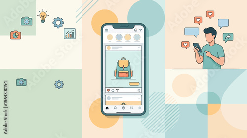 Social Media Marketing and Digital Engagement Concept Illustration Featuring Smartphone App Interface, Content Creator, and E-commerce Symbols