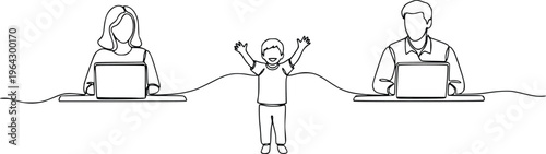 Remote Work Parents with Child Continuous Line Drawing Vector