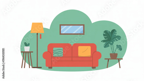 Cozy living room scene with red sofa floor lamp and potted plants flat vector illustration for interior design and home decor concepts