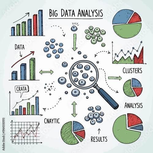 Big data analysis concept with various hand-drawn charts graphs and data clusters surrounding a magnifying glass showing processed results and insights.