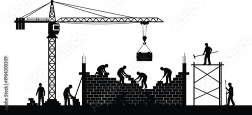 Construction site silhouette with workers building brick wall, tower crane lifting materials, industrial building process, masonry work, engineering development, architecture project.