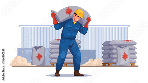 Working on the Site: A diligent construction worker, clad in work attire and protective gear, diligently carries a heavy bag of material on their shoulder on the construction site.